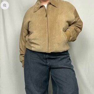 St Johns Bay Vintage Quilted Suede Leather Tan Bomber Jacket Oversized Vintage